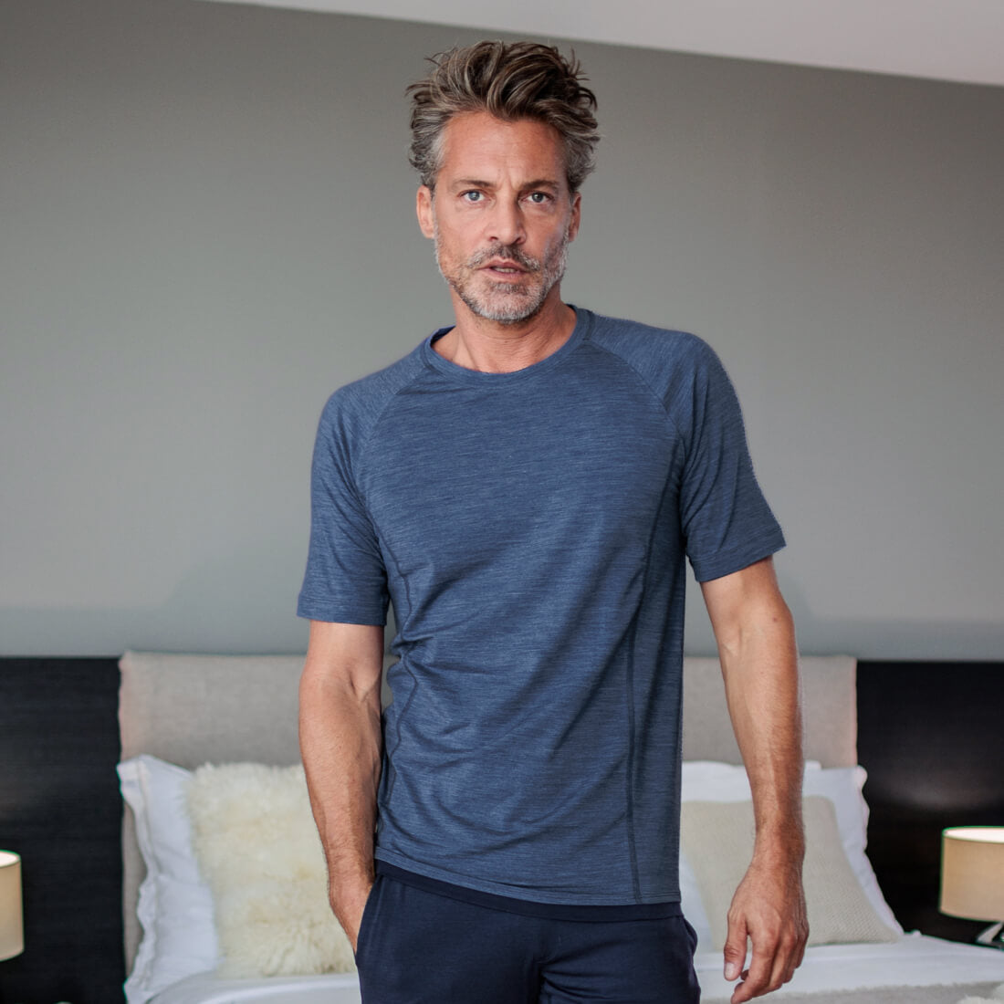 Merino wollen pyjama t-shirt heren Blue melange