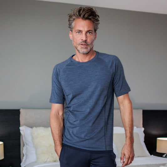 Merino wool pajama t-shirt men || Blue melange