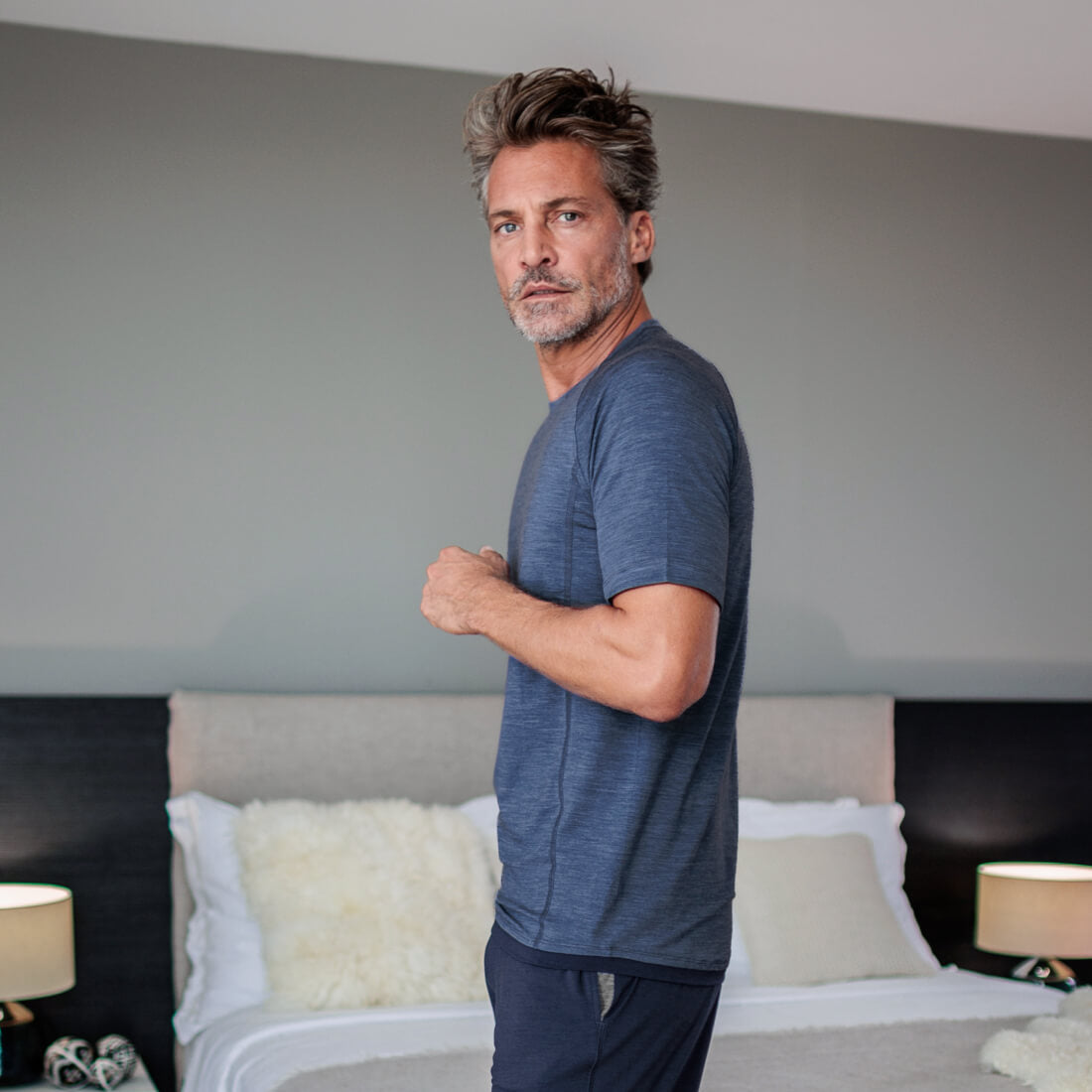 Merino wollen pyjama t-shirt heren Blue melange