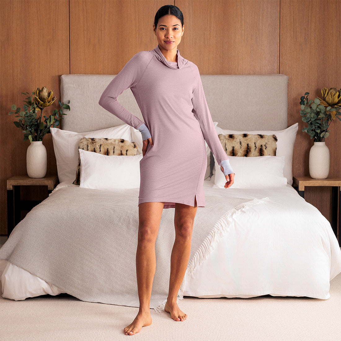 Merino nachtjapon dames Dusty pink melange