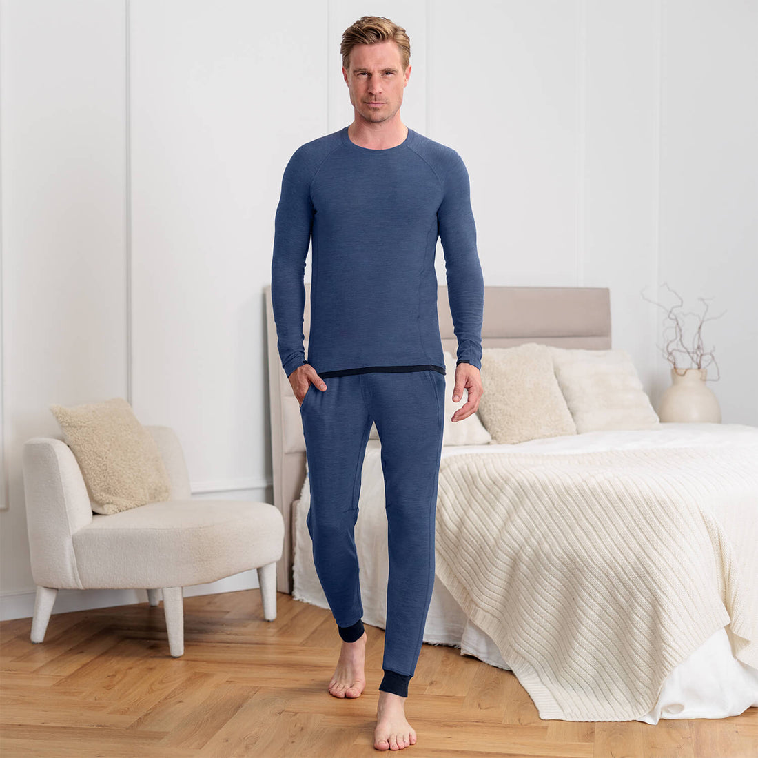 Mens wool pajama pants || Blue melange