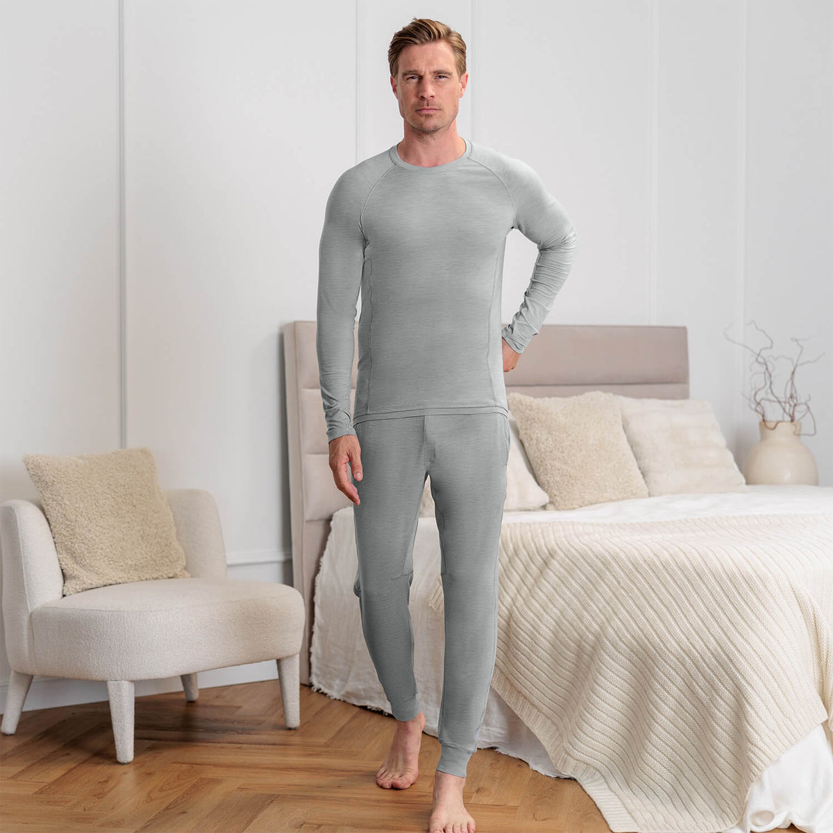 Mens wool pyjama pants || Light grey melange