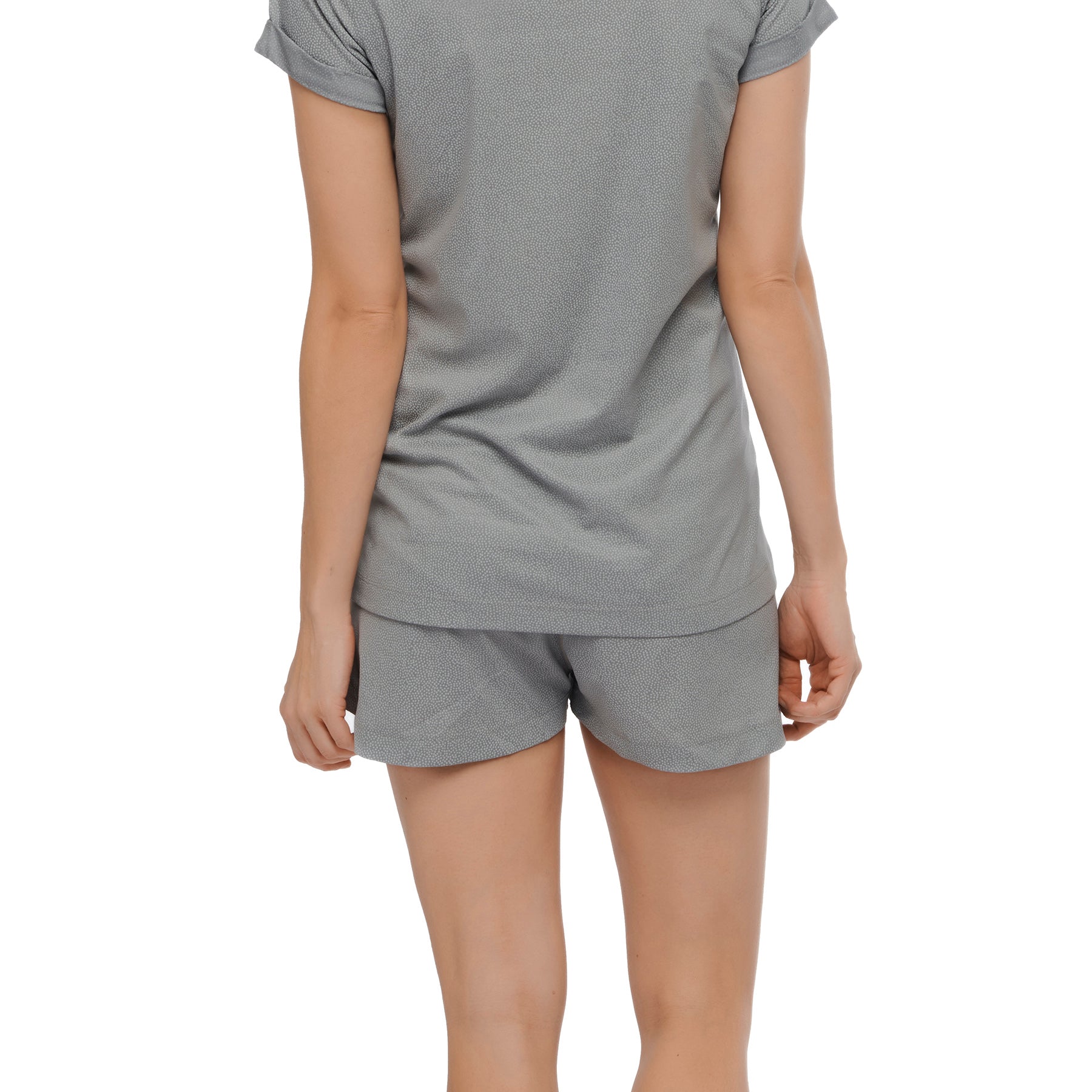 Person wearing a gray t-shirt and shorts set on a white background || Silver